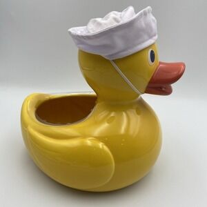 Teleflora Large Yellow‎ Duck Ceramic Planter Vase Just Ducky W White Hat VTG Nos